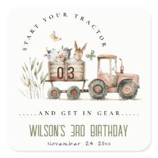 Red Rust Farm Animals Tractor Kids Birthday Square Sticker