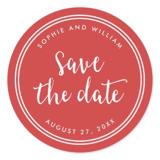 Red Script and White Stripes Save the Date Classic Round Sticker