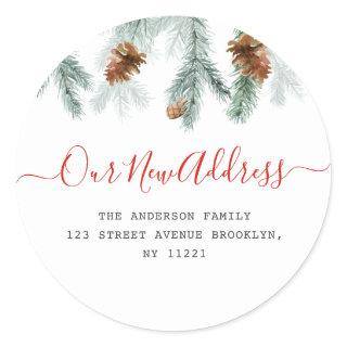 Red script holiday moving announcement classic round sticker