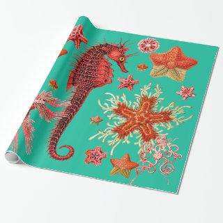 RED SEAHORSE AND SEASTARS IN AQUA BLUE Sea Life