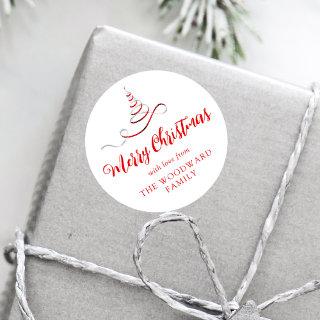 Red Silver Ribbon Tree Merry Christmas Script Classic Round Sticker
