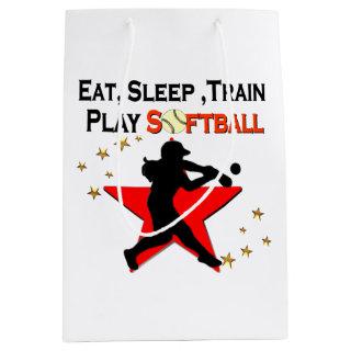 RED STAR EAT, SLEEP, TRAIN SOFTBALL DESIGN MEDIUM GIFT BAG