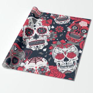 red sugar skull floral ornamental pattern