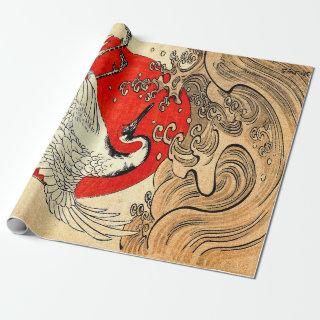 RED SUN ,JAPANESE FLYING CRANE AND SEA WAVES