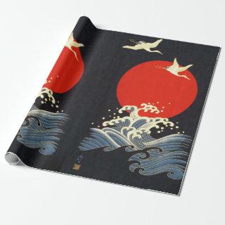 RED SUN ,JAPANESE FLYING CRANES,SEA WAVES IN BLACK