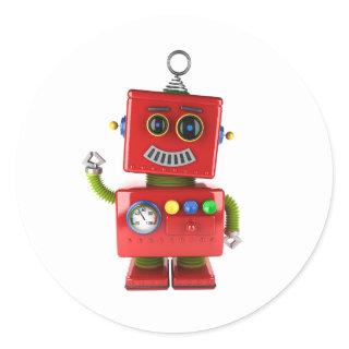 Red toy robot waving hello classic round sticker