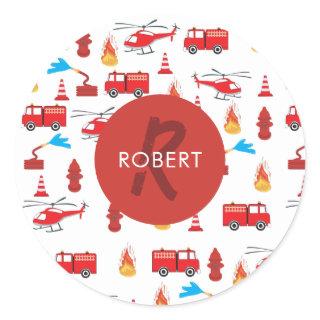 Red Transport Fire Truck Engine Brigade Monogram  Classic Round Sticker