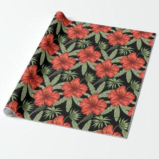 Red tropical flowers seamless pattern green leaves