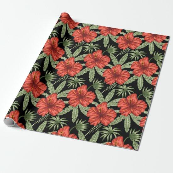 Red tropical flowers seamless pattern green leaves