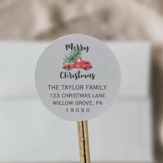 Red Truck and Tree Christmas Return Address Classic Round Sticker
