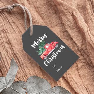 Red Truck and Tree | Gray Merry Christmas Name Gift Tags