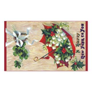 Red Umbrella, Holly and Shamrocks Vintage New Year Rectangular Sticker