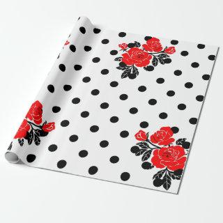Red vector rose at black polka dots pattern gifts