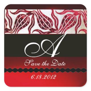 RED VELVET DAMASK TULIPS MONOGRAM Burgundy White Square Sticker