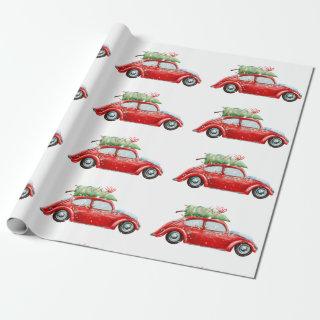 Red Vintage Car & Christmas Tree Watercolor