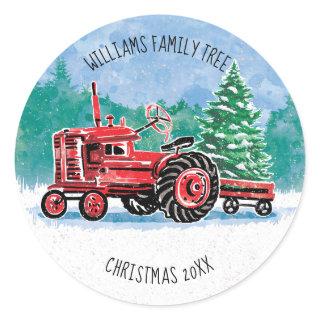 Red VintageTractor Christmas Tree Add Name Classic Round Sticker