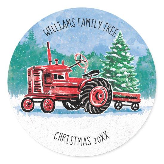 Red VintageTractor Christmas Tree Add Name Classic Round Sticker