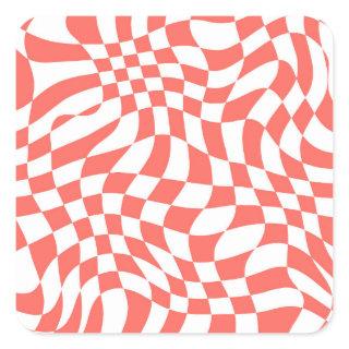 Red Warped Wavy Checkered Art Pattern Square Sticker