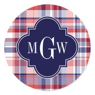 Red White Blue Preppy Madras Monogram Classic Round Sticker