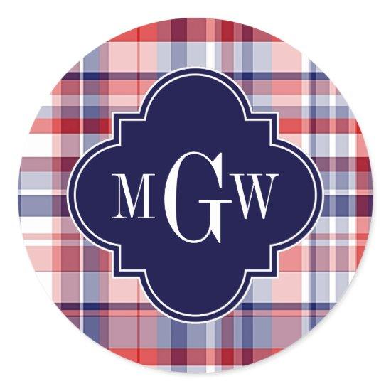 Red White Blue Preppy Madras Monogram Classic Round Sticker