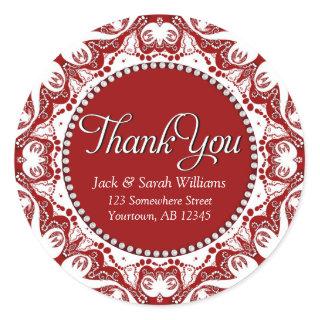 Red & White Fractal Lace Thank You Classic Round Sticker