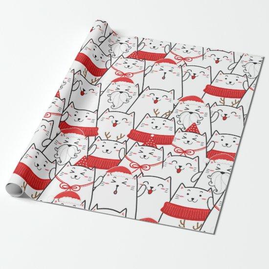 Red White Kitty Cats Floral Christmas Holiday Gift