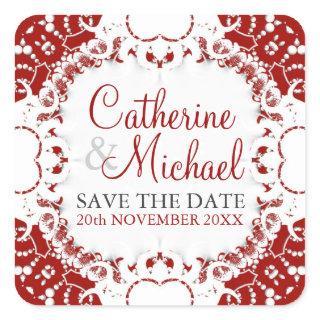 Red+White Lace Wedding Announcement Sticker