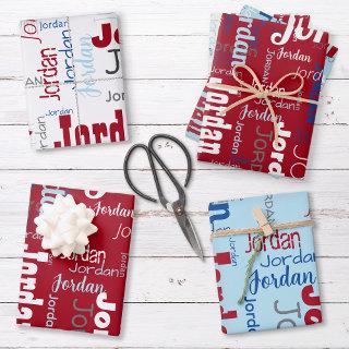Red White & Light Blue Repeating Name Pattern  Sheets