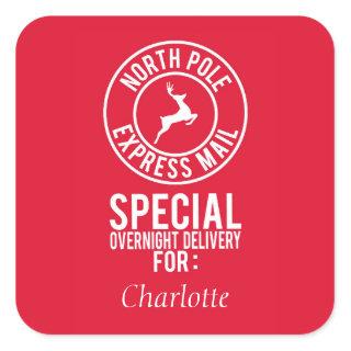 Red & White North Pole Express Mail Name Square Sticker