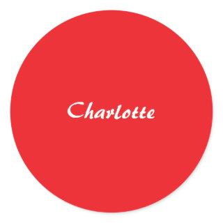 Red White Script Elegant Minimalist Modern Name Classic Round Sticker