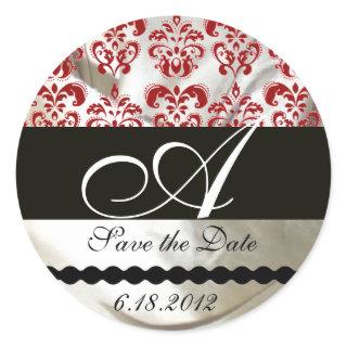 RED & WHITE SILK DAMASK CLOTH MONOGRAM CLASSIC ROUND STICKER