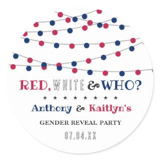 Red, White & Who? 4th Of July Gender Reveal Party Classic Round Sticker