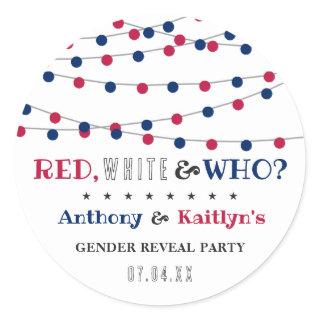 Red, White & Who? 4th Of July Gender Reveal Party Classic Round Sticker