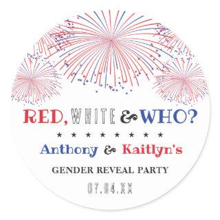 Red, White & Who? 4th Of July Gender Reveal Party Classic Round Sticker