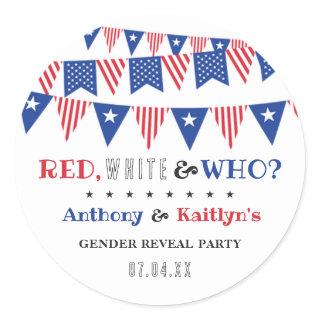 Red, White & Who? 4th Of July Gender Reveal Party Classic Round Sticker