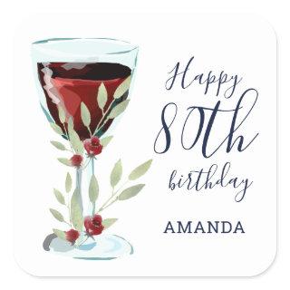 Red Wine Rose Watercolor Floral 80th Birthday Square Sticker