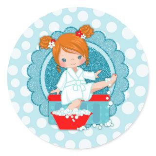 Redhead Spa Girl Bubbles Turquoise Red White Classic Round Sticker