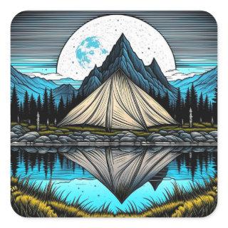 Reflection of a Tent on the Lake in the Mountains Square Sticker