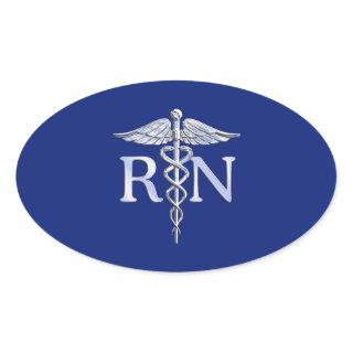 Registered Nurse RN Silver Caduceus Navy Blue deco Oval Sticker