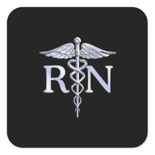Registered Nurse RN Silver Caduceus on Black Square Sticker
