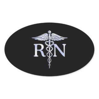 Registered Nurse RN Silver Caduceus Snakes Black Oval Sticker