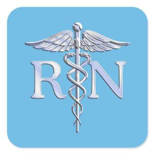 Registered Nurse RN Silver Like Caduceus Baby Blue Square Sticker