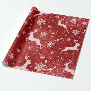 Reindeer and Snowflakes on Red Background