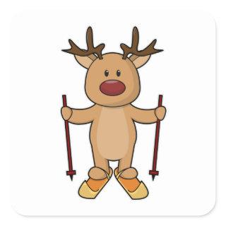 Reindeer as Skier with Skis & Ski poles Square Sticker