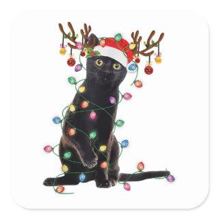 Reindeer Black Cat Christmas Lights Funny Cat Love Square Sticker