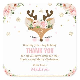 Reindeer Floral Snowflakes Christmas Thank You Square Sticker