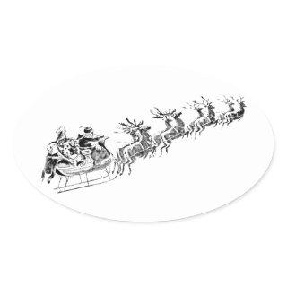 Reindeer Pulling Santa's Sleigh. Oval Sticker