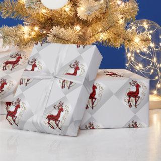 Reindeer red gold floral silver faux pattern