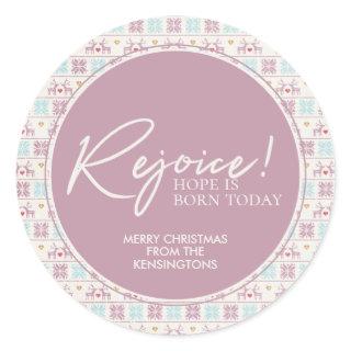 Rejoice Christmas Pastel Typography Snowflake Classic Round Sticker