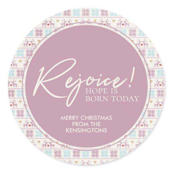 Rejoice Christmas Pastel Typography Snowflake Classic Round Sticker